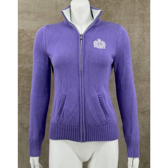 Lauren Ralph Lauren Sweater Womens Small Purple Full Zip Cardigan Crest Preppy - Picture 1 of 10